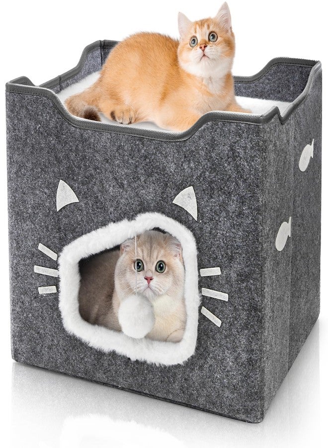 Acshio Cat House for Indoor Cats, Large Covered Cat Bed with Cushion Pad Fluffy Ball Hanging, Foldable Cute Cat Cave Bed Cat Condo Hideaway for Pet Cats, Multi Small Pet, Grey - Image 1